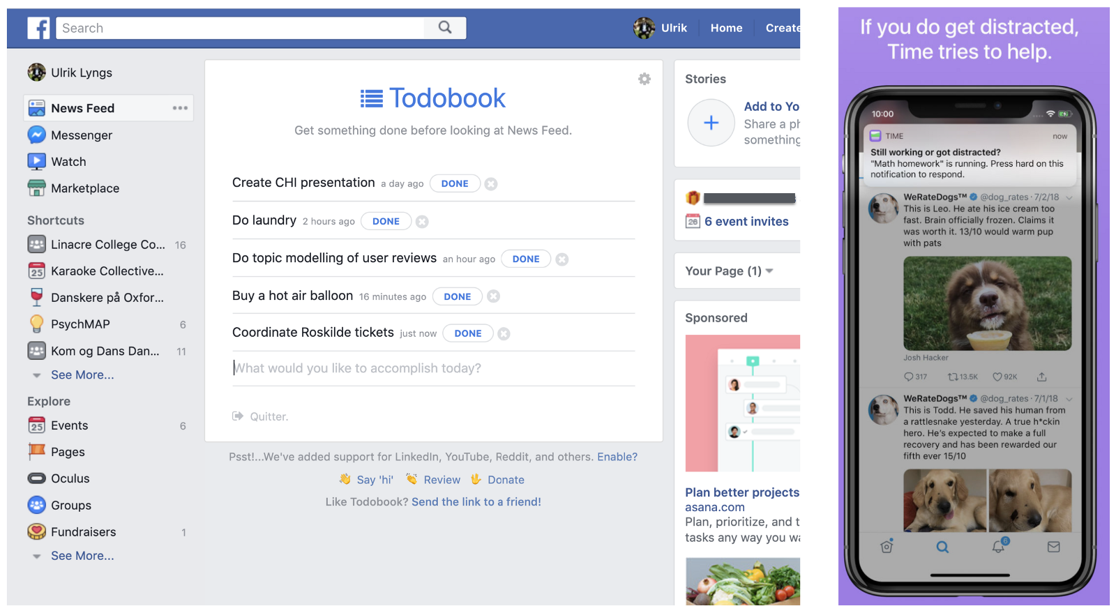 Todobook replacing Facebook’s newsfeed with a todo list